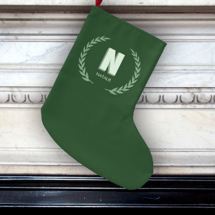 Grande Chaussette De Noël Couronne de laurier vert Lettre N monogramme