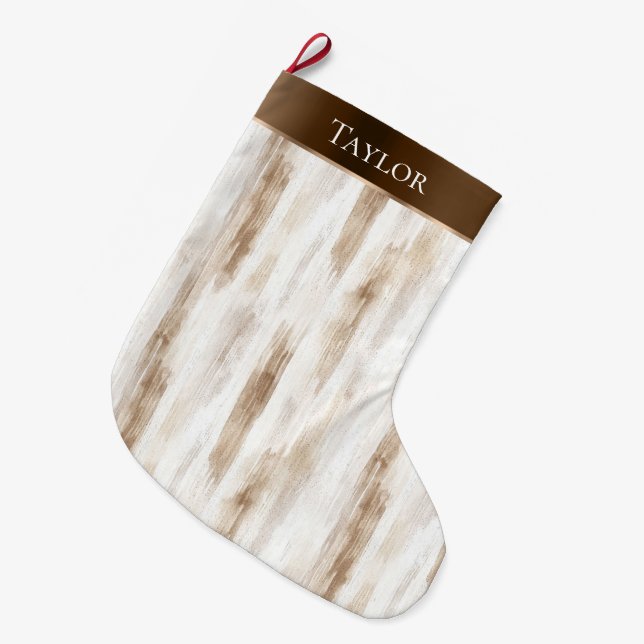 Grande Chaussette De Noël Crème chic Blanc Brown rayures Noël (Devant (Accrochage))