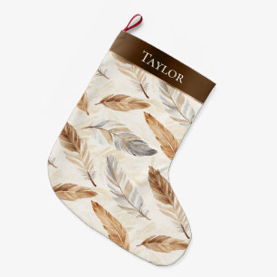 Grande Chaussette De Noël Crème Chic Blanc Plumes Brown Noël