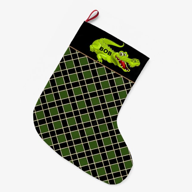Grande Chaussette De Noël Crocodile sur Motif Diamant Noir & Vert (Devant (Accrochage))