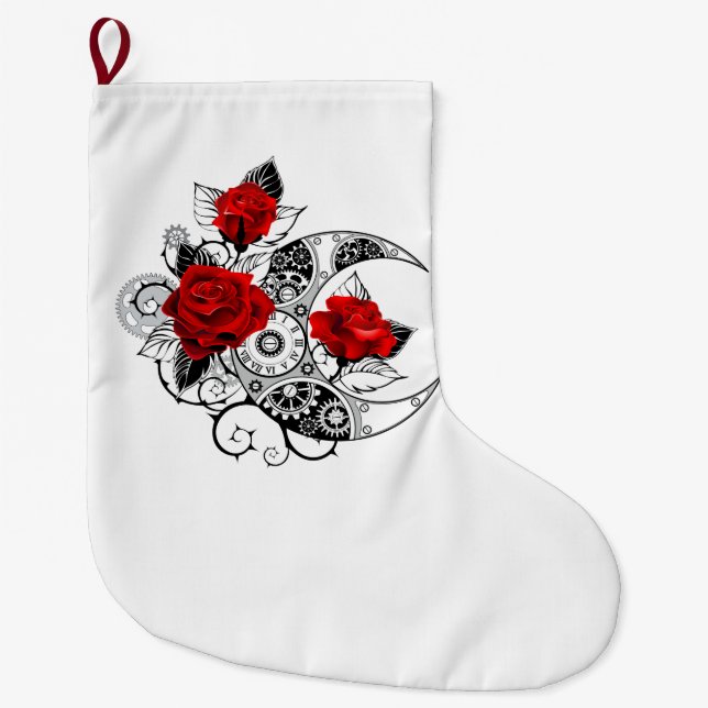 Grande Chaussette De Noël Croissant mécanique avec roses rouges (Devant)
