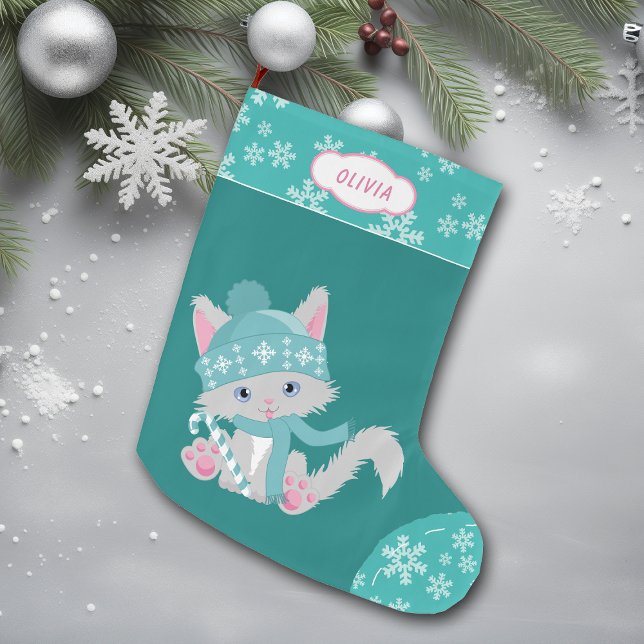 Grande Chaussette De Noël Cuisine Turquoise flocon de neige Kitten (Créateur téléchargé)