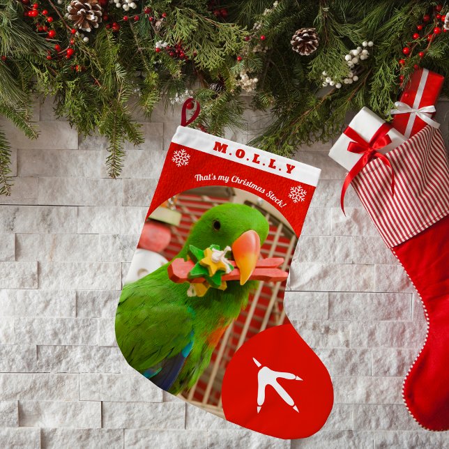 Grande Chaussette De Noël Custom Pet Parrot Photo Holiday Red Personalized  (Créateur téléchargé)