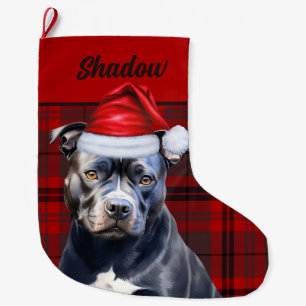 Grande Chaussette De Noël Cute Bluenose Pitbull Dog et Red Plaid Custom