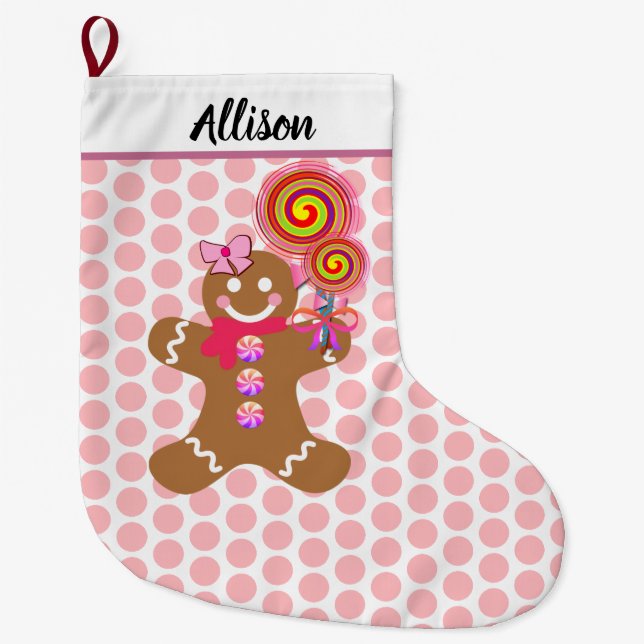 Grande Chaussette De Noël Cute Gingerbread Girl Pois roses Personnalisé (Devant)