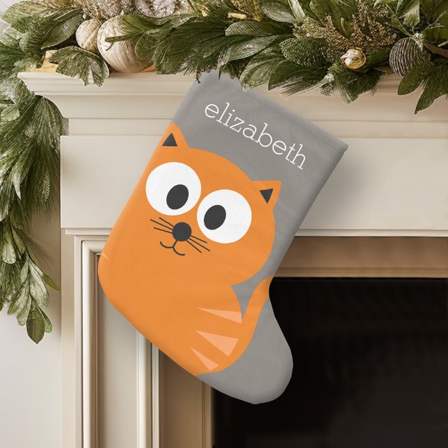 Grande Chaussette De Noël Cute Orange Fat Chat avec Taupe Personnalisé (Personalized Christmas Stocking)