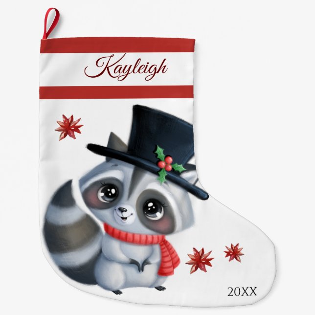 Grande Chaussette De Noël Cute Raccoon Grand Stocking de Noël (Devant)