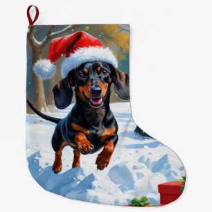 Grande Chaussette De Noël Dachshund courant dans la neige avec un chapeau de