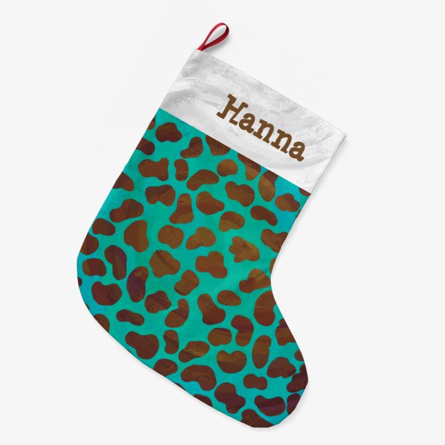 Grande Chaussette De Noël Dalmatien Brown et Turquoise (Devant (Accrochage))