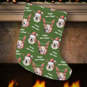 Grande Chaussette De Noël Deux rennes photo de chien Joyeux Noël vert