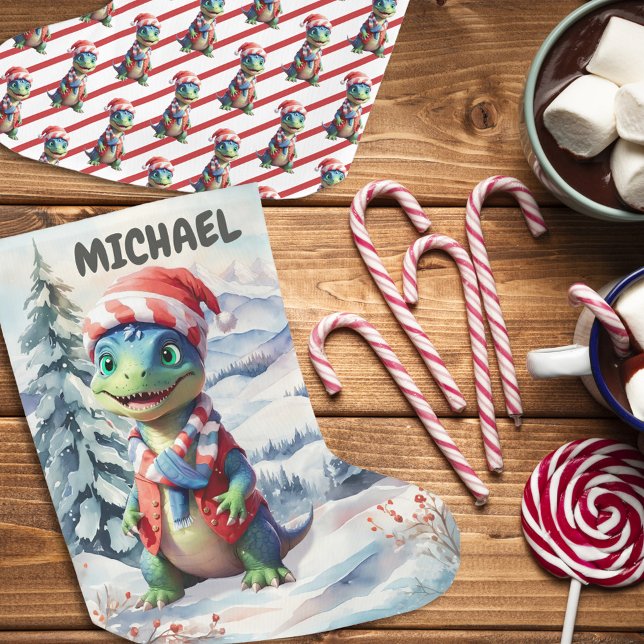 Grande Chaussette De Noël Dino Wonderland Festive Aquarelle (Créateur téléchargé)