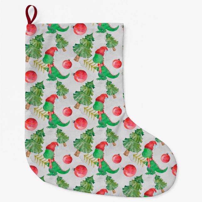 Grande Chaussette De Noël Dinosaure d'aquarelle avec un arbre de Noël (Devant)