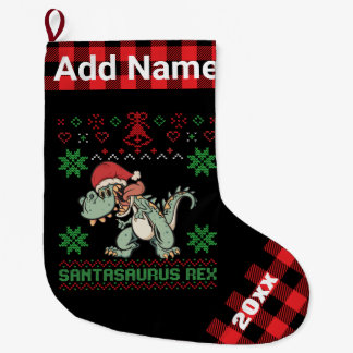 Grande Chaussette De Noël Dinosaure personnalisé Santasaurus Rex Ugly Xmas