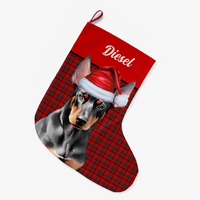 Grande Chaussette De Noël Doberman Pinscher Dog Holiday Plaid Personalized (Devant (Accrochage))