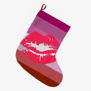 Grande Chaussette De Noël Drapeau de fierté lesbienne au rouge à lèvres