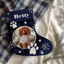 Grande Chaussette De Noël Drôle mignon bleu marine plaid chien photo Noël