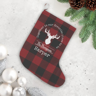 Grande Chaussette De Noël Écru rouge et noir personnalisé à carreaux