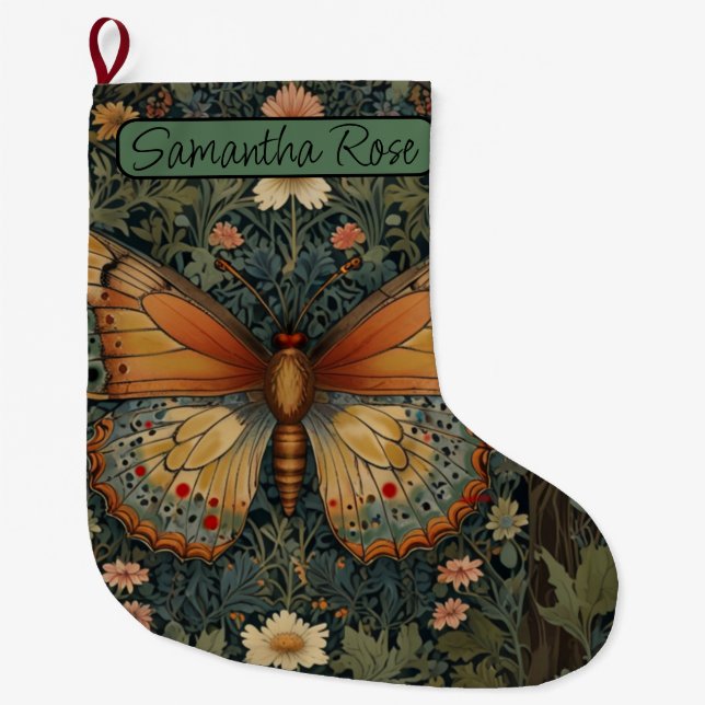Grande Chaussette De Noël Élégant buho rétro papillon botanique verdure (Devant)