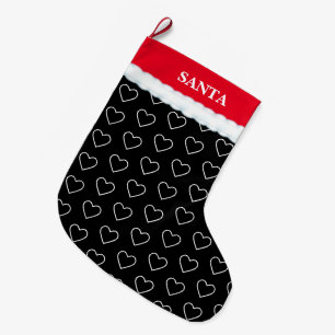 Grande Chaussette De Noël Élégant Motif cardiaque sur noir