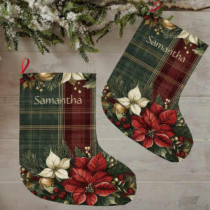 Grande Chaussette De Noël Élégant Plaid & Poinsettia Nom Noël Fête