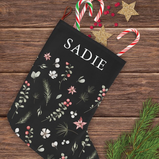 Grande Chaussette De Noël Élégante verdure hivernale Botanique Noir (Créateur téléchargé)