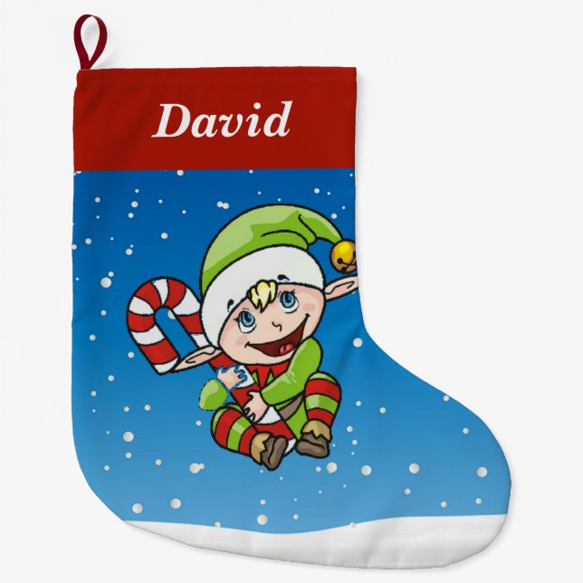 Grande Chaussette De Noël Elfe sur bleu grand stockage de noël (Devant)