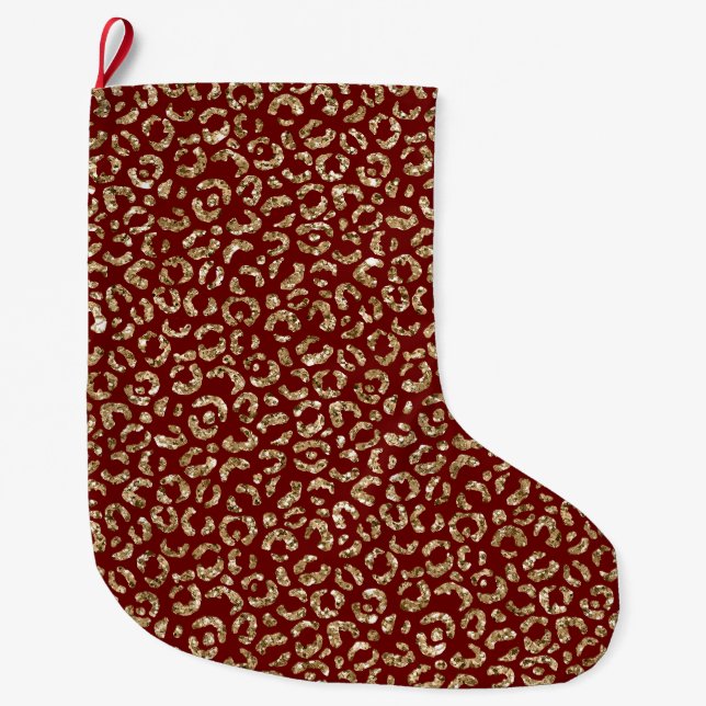 Grande Chaussette De Noël Empreinte de léopard d'or Parties scintillant Red  (Devant)