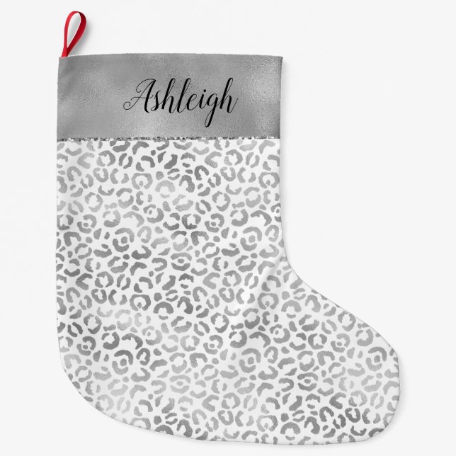 Grande Chaussette De Noël Empreinte de léopard Silver White Glam (Devant)