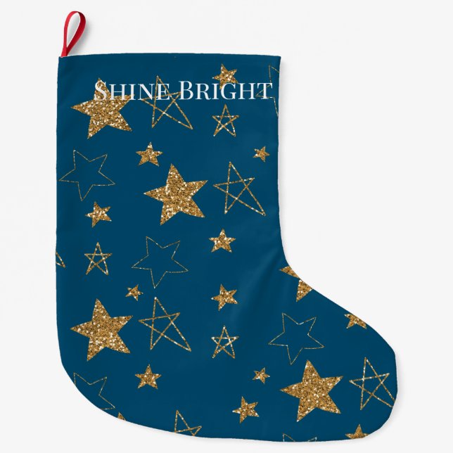 Grande Chaussette De Noël Étoiles de Parties scintillant en or bleu (Devant)