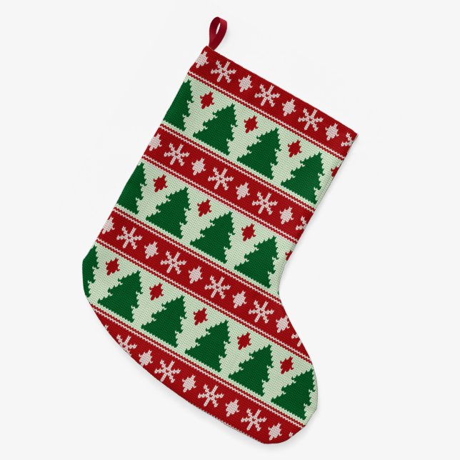 Grande Chaussette De Noël Evergreens & Snowflakes Knit (Devant (Accrochage))