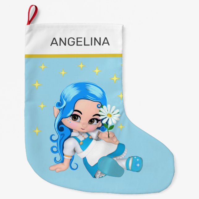 Grande Chaussette De Noël Fée céleste fille & étoiles sur bleu clair (Devant)