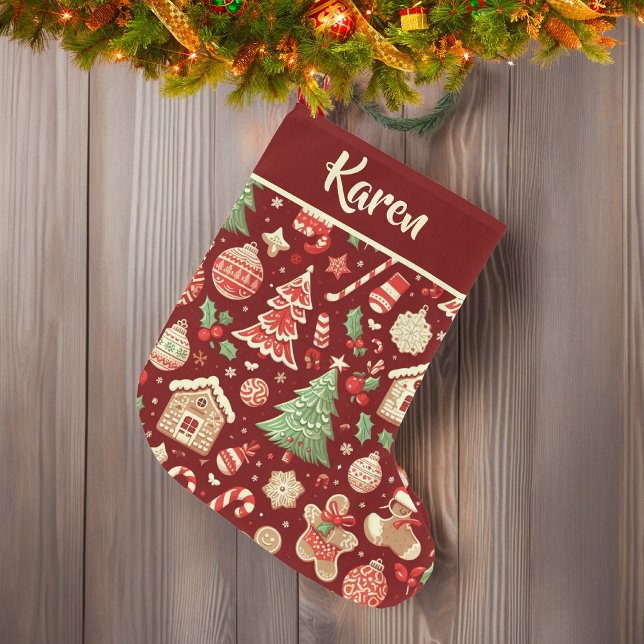 Grande Chaussette De Noël Festif personnalisé Noël Bourgogne (Festive Personalized Christmas Burgundy Large Christmas Stocking)