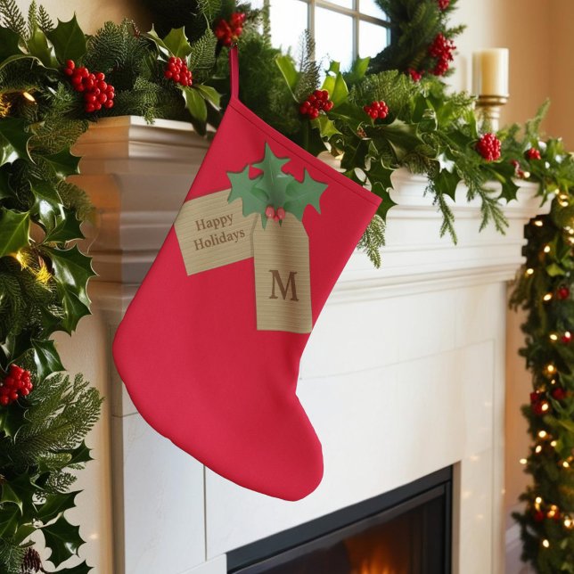 Grande Chaussette De Noël Festive Holly Sprig Rouge Monogrammé Joyeux Joyeux (Happy Holidays! Just add your initial to this festive red Christmas Stocking)