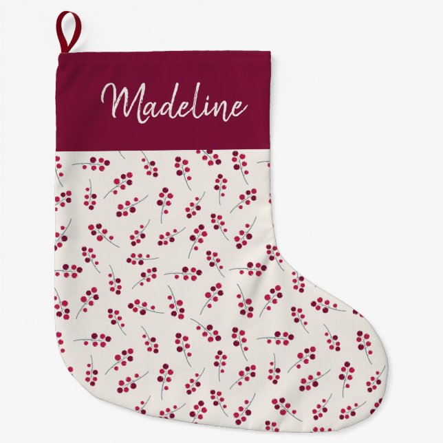 Grande Chaussette De Noël Festive Red Holly Pip Berries Monogrammé (Devant)