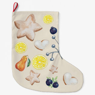 Grande Chaussette De Noël Fête de Noël Pain d'épice Citron Aquarelle