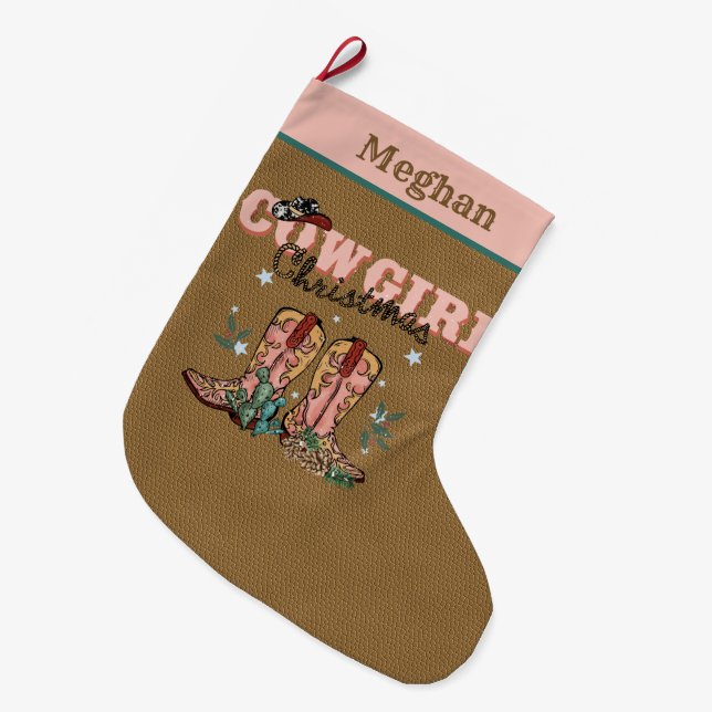 Grande Chaussette De Noël fête Noël Western Cowgirl ajouter nom (Devant (Accrochage))