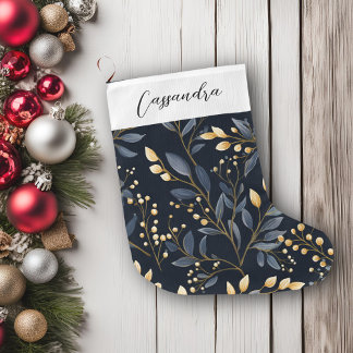Grande Chaussette De Noël Feuille de Noël bleu et or moderne