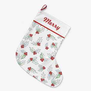 Grande Chaussette De Noël Feuilles de houx à l'aquarelle et baies rouges