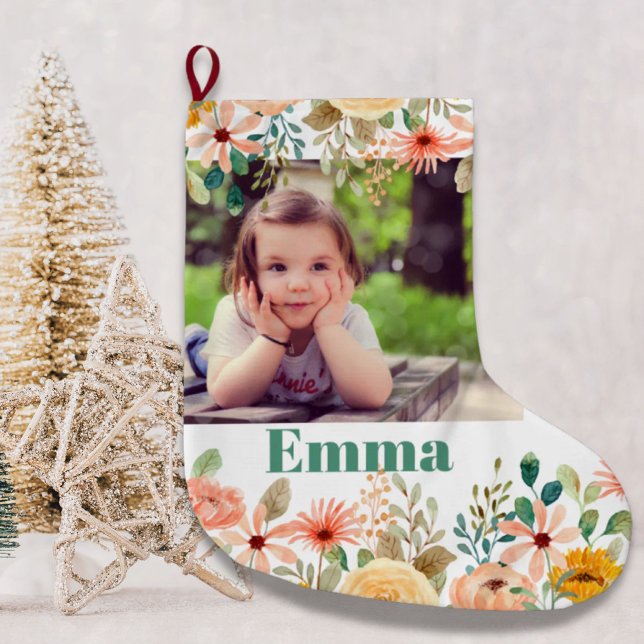 Grande Chaussette De Noël Fille Personnalisée Florale Fils Petit-Enfant Phot (Floral Personalized Daughter Son Grandchild Photo Large Christmas Stocking)