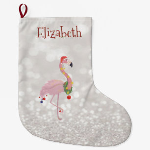 Grande Chaussette De Noël Flamant Rose avec Chapeau de Père Noël, Bokeh Pail