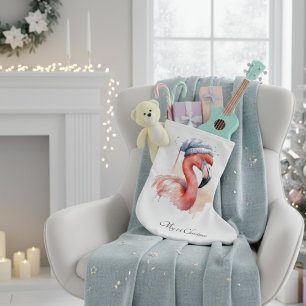 Grande Chaussette De Noël Flamant rose père Noël Snowbird, personnalisé