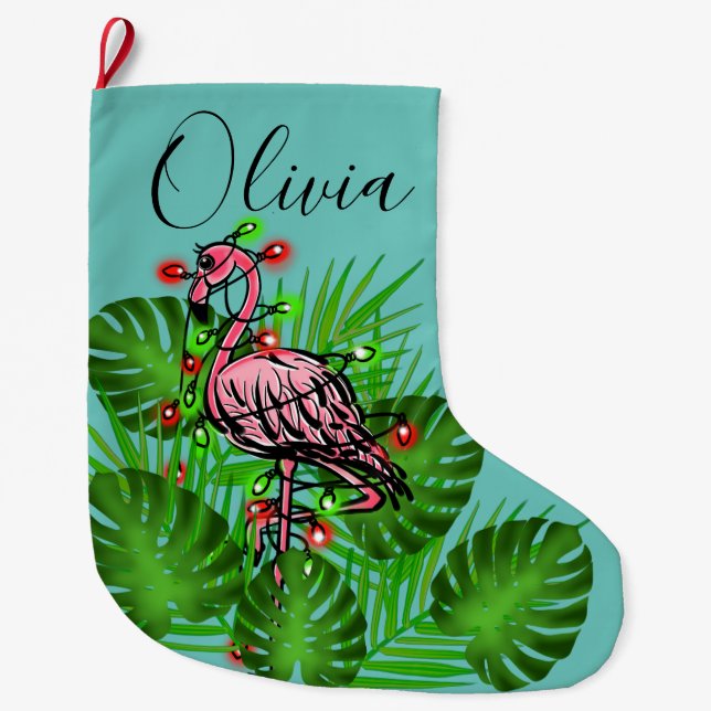 Grande Chaussette De Noël Flamant rose rose de Noël scintillants (Devant)
