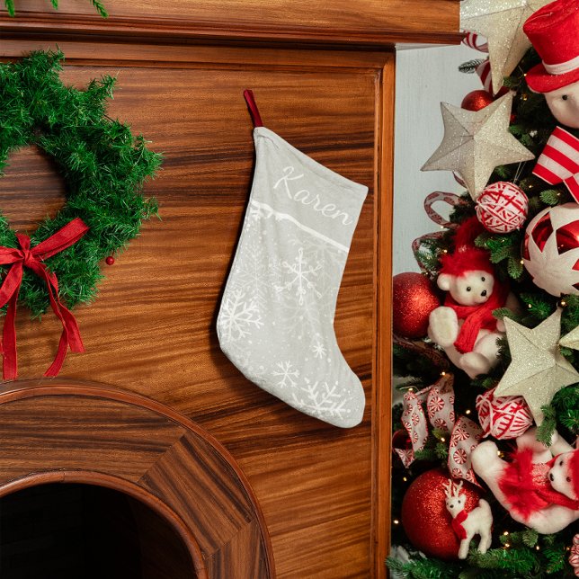 Grande Chaussette De Noël Flammes de neige en argent et blanc (Silver and white snowflakes name Christmas Large Christmas Stocking)