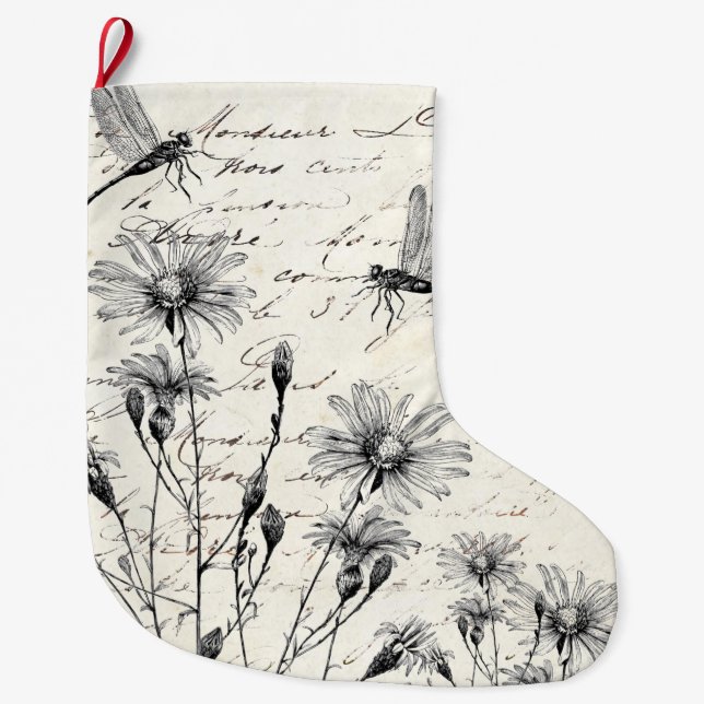Grande Chaussette De Noël Fleur sauvage de script français Dragonfly Vintage (Devant)