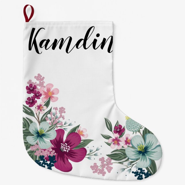 Grande Chaussette De Noël Fleur tropicale personnalisée stockée sur blanc (Devant)