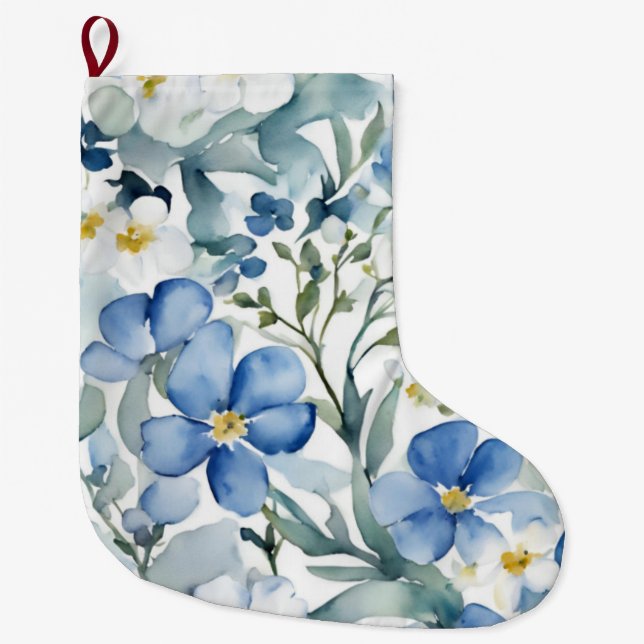 Grande Chaussette De Noël Fleurs Bleues Blancs Aquarelle Chic (Devant)