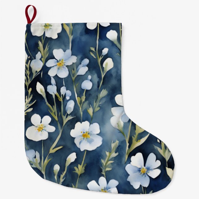 Grande Chaussette De Noël Fleurs Bleues Blancs Aquarelle Chic (Devant)