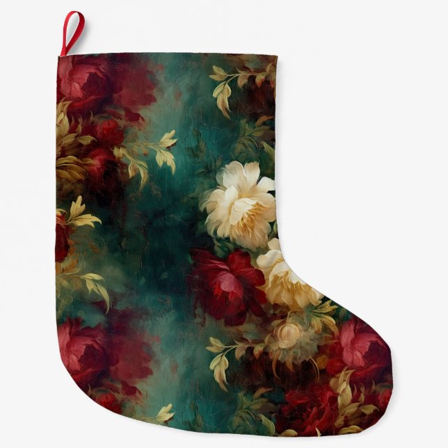 Grande Chaussette De Noël Fleurs rouges blanches vertes (Devant)