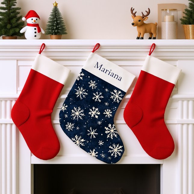 Grande Chaussette De Noël Flocon de neige bleu et blanc personnalisé (Personalized Navy Blue and white Snowflake Large Christmas Stocking)