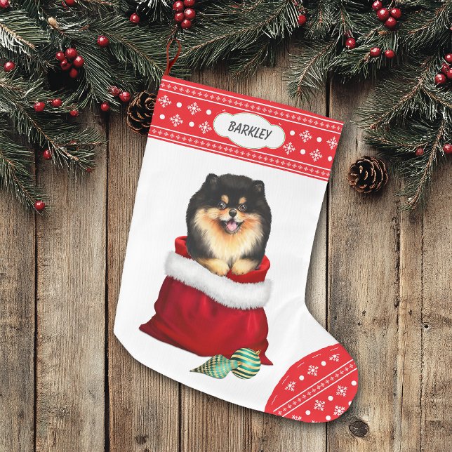 Grande Chaussette De Noël Flocon de neige Noir Tan Pomeranien Cadeau Surpris (Créateur téléchargé)